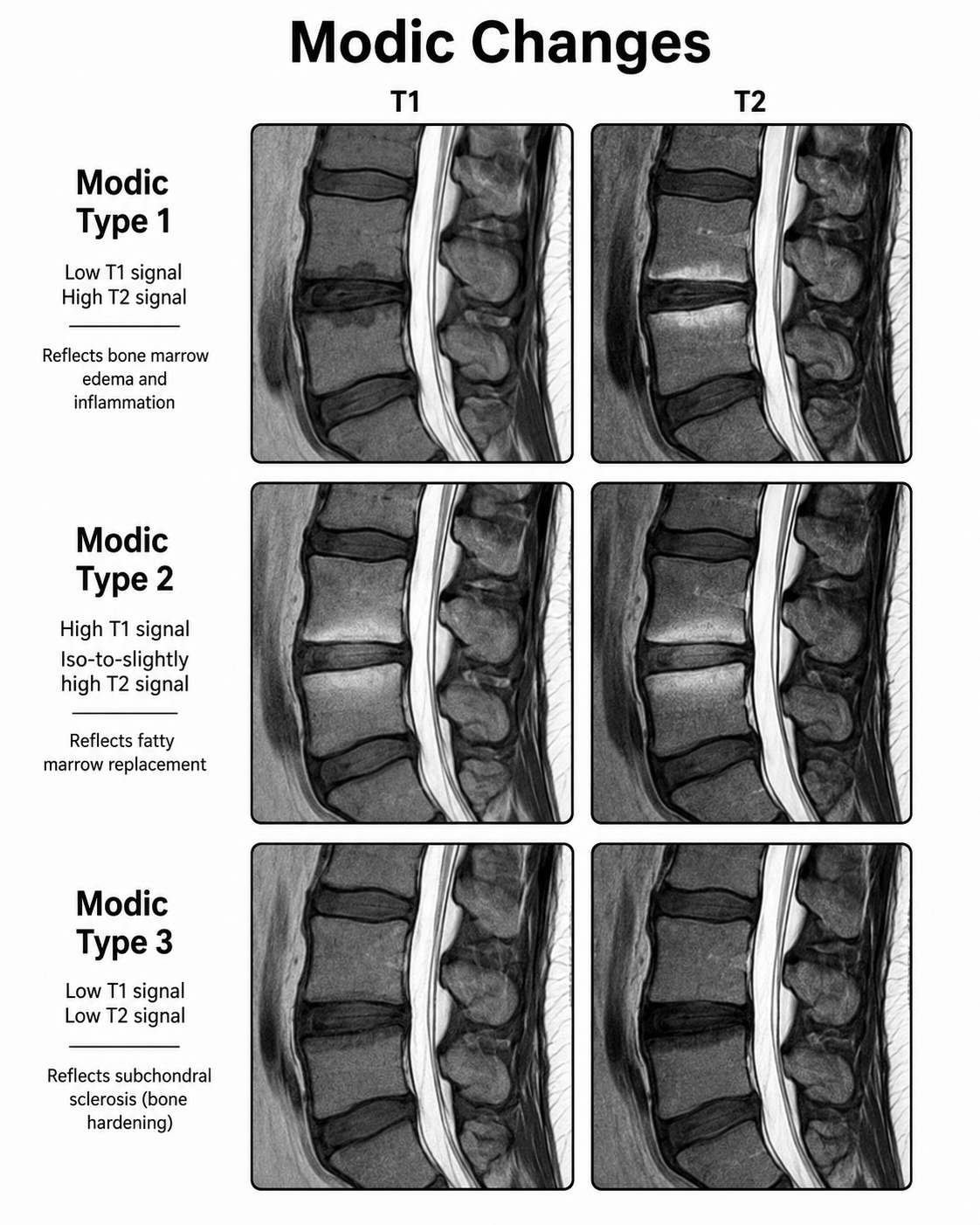 Sagittal lumbar MRI: Modic Type 1, 2 and 3 by row on T1- and T2-weighted images, with signal descriptions